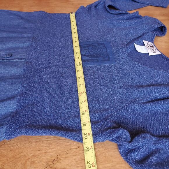 Vintage LS Maxi Dress Sz XL Blue Teacher Lagenlook 80s Bird Patch Knit & Woven - Picture 9 of 12